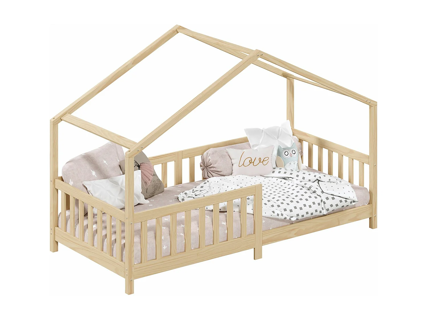 Lit cabane enfant 90x200 cm LISAN lit Simple montessori avec Barrières de Protection en Bois Massif naturel