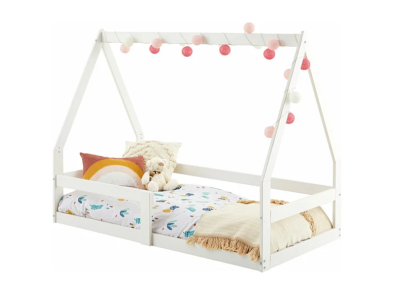 Lit cabane LUSIA 80x160 cm, lit simple 1 place pour bébé ou enfant de type Montessori, en pin massif lasuré blanc