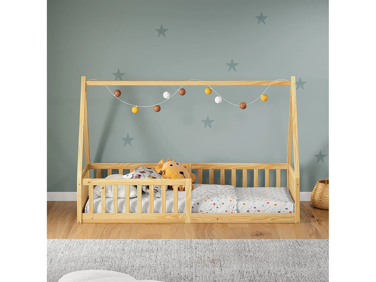 IDIMEX Lit Cabane 90x190 NICOLAS Lit Enfant en Pin Massif, Lit Montessori avec Barrières, Couchage 90x190 cm, Coloris naturel