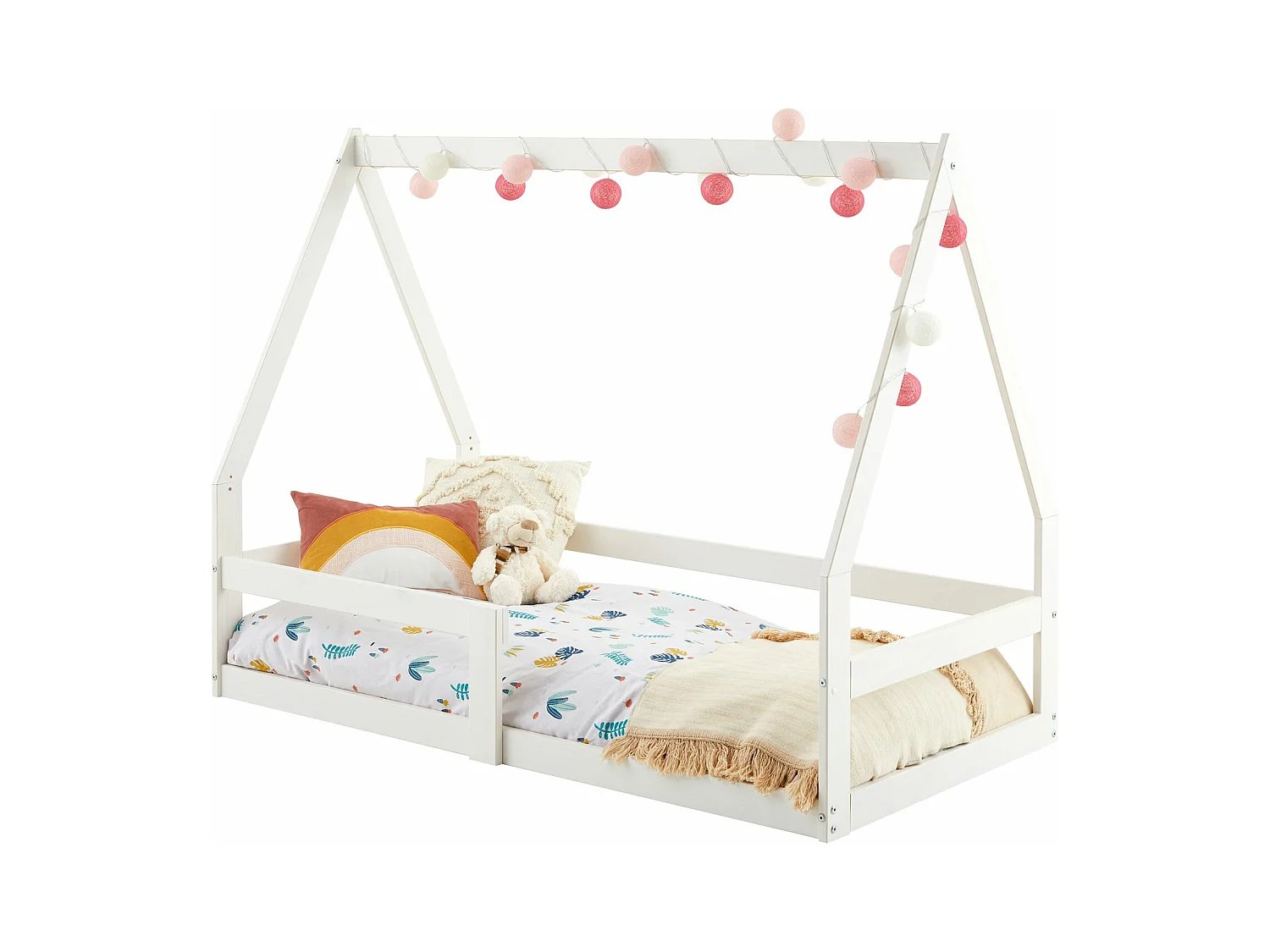 Lit cabane TAMI 70x140 cm, lit simple 1 place pour bébé ou enfant de type Montessori, en pin massif lasuré blanc