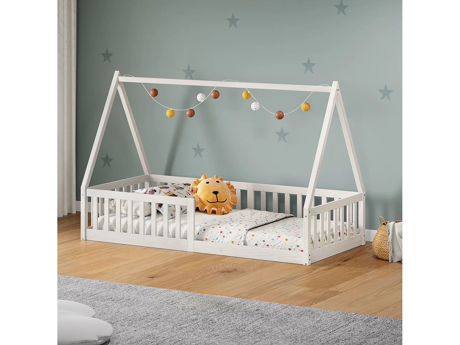 IDIMEX Lit Cabane 90x190 NICOLAS Lit Enfant en Pin Massif, Lit Montessori avec Barrières, Couchage 90x190 cm, Blanc