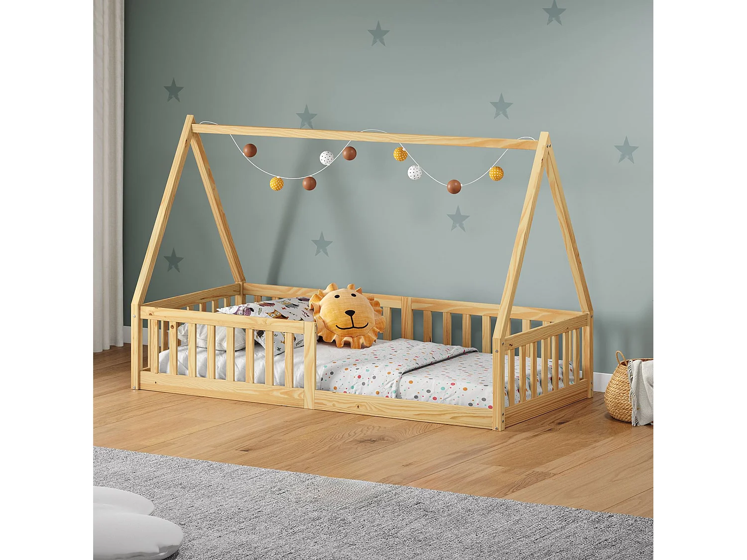 Lit cabane enfant 90x200 cm NICOLAS lit Simple montessori avec Barrières de Protection en Bois Massif, Coloris naturel