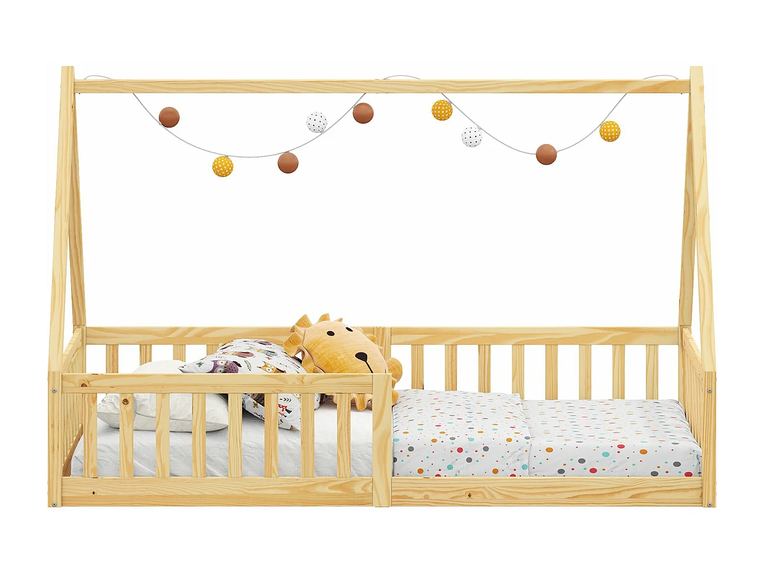 Lit cabane enfant 90x200 cm NICOLAS lit Simple montessori avec Barrières de Protection en Bois Massif, Coloris naturel