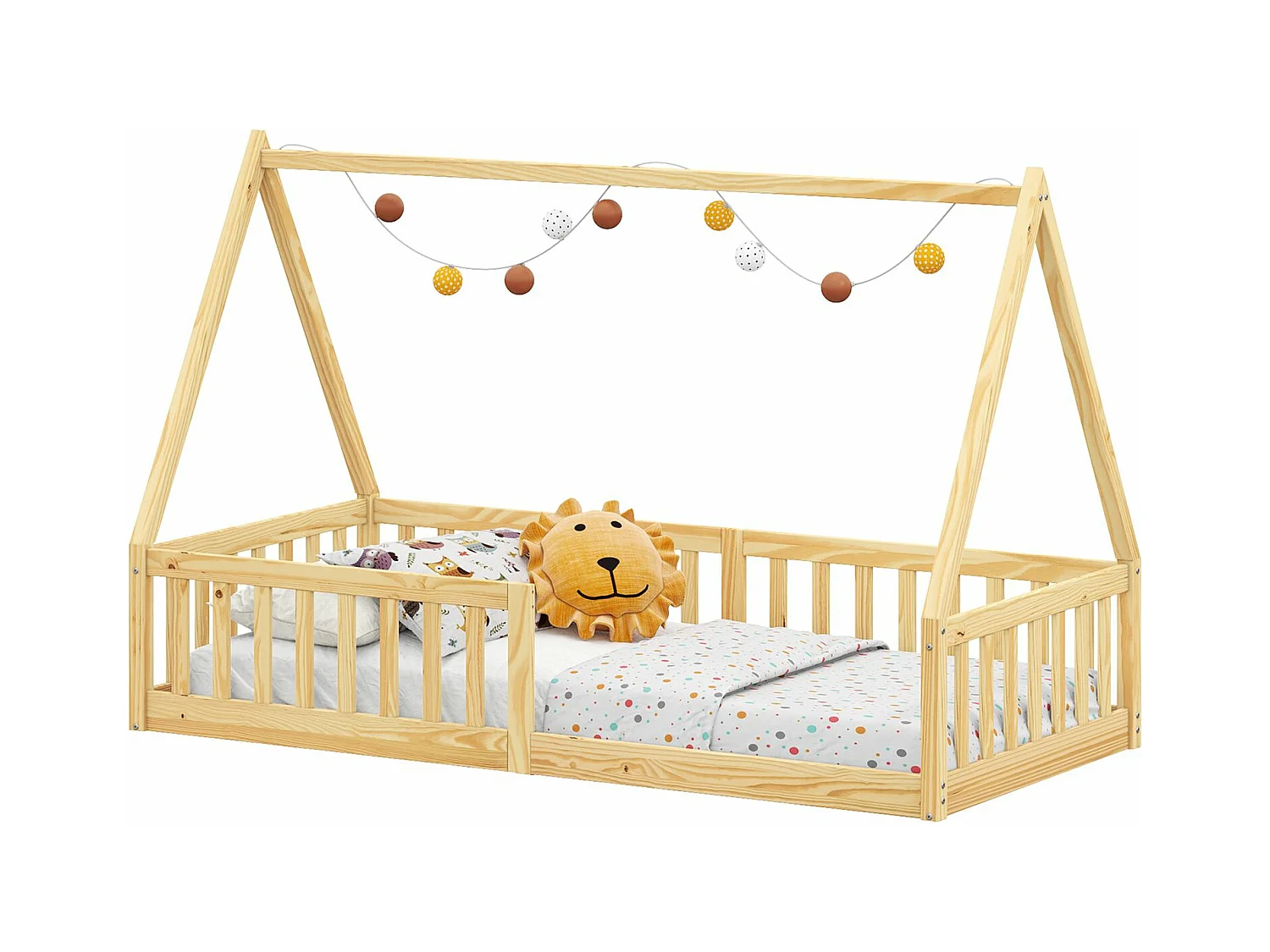Lit cabane enfant 90x200 cm NICOLAS lit Simple montessori avec Barrières de Protection en Bois Massif, Coloris naturel