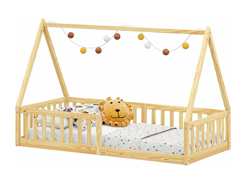 Lit cabane enfant 90x200 cm NICOLAS lit Simple montessori avec Barrières de Protection en Bois Massif, Coloris naturel