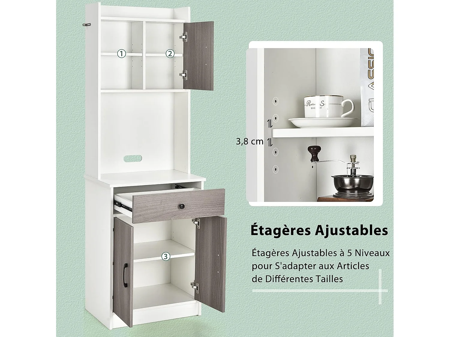 Buffet Cuisine, Armoire Cuisine Vaisselier 3 Portes avec Tiroir, Meuble Cuisine avec Passe-Câble, 3 Étagères, Placard de Cuisine, Kit Anti-basculement, 60 x 40 x 180 CM (Blanc)