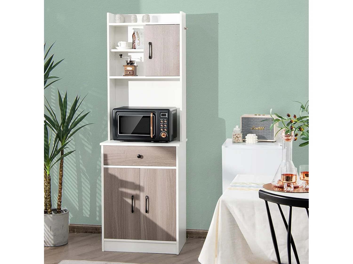 Buffet Cuisine, Armoire Cuisine Vaisselier 3 Portes avec Tiroir, Meuble Cuisine avec Passe-Câble, 3 Étagères, Placard de Cuisine, Kit Anti-basculement, 60 x 40 x 180 CM (Blanc)
