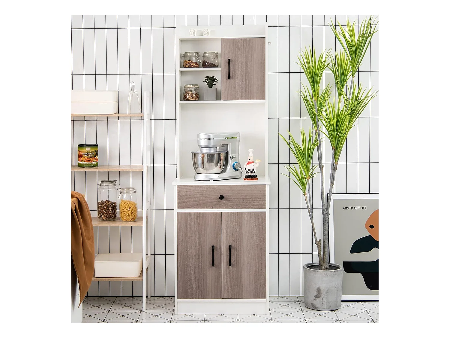 Buffet Cuisine, Armoire Cuisine Vaisselier 3 Portes avec Tiroir, Meuble Cuisine avec Passe-Câble, 3 Étagères, Placard de Cuisine, Kit Anti-basculement, 60 x 40 x 180 CM (Blanc)