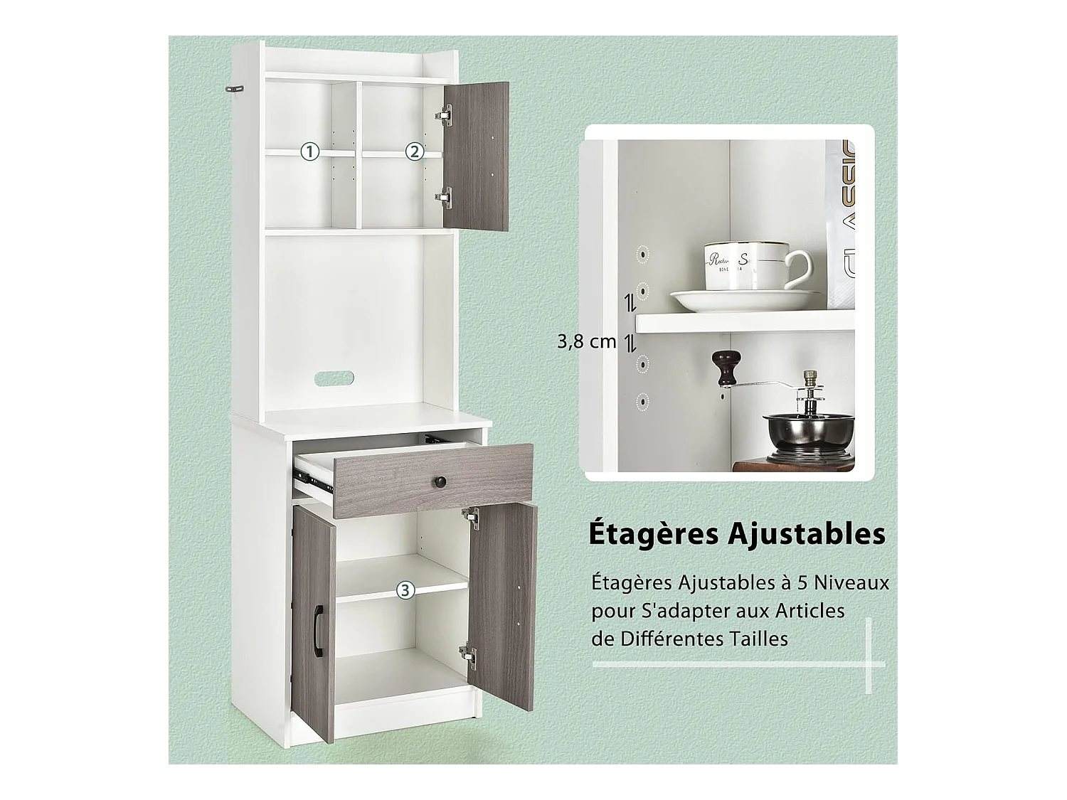 Buffet Cuisine, Armoire Cuisine Vaisselier 3 Portes avec Tiroir, Meuble Cuisine avec Passe-Câble, 3 Étagères, Placard de Cuisine, Kit Anti-basculement, 60 x 40 x 180 CM (Blanc)