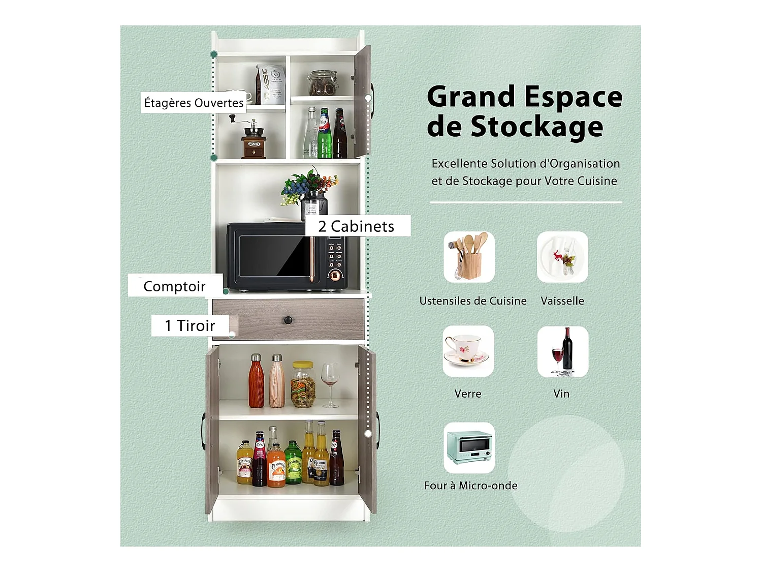 Buffet Cuisine, Armoire Cuisine Vaisselier 3 Portes avec Tiroir, Meuble Cuisine avec Passe-Câble, 3 Étagères, Placard de Cuisine, Kit Anti-basculement, 60 x 40 x 180 CM (Blanc)