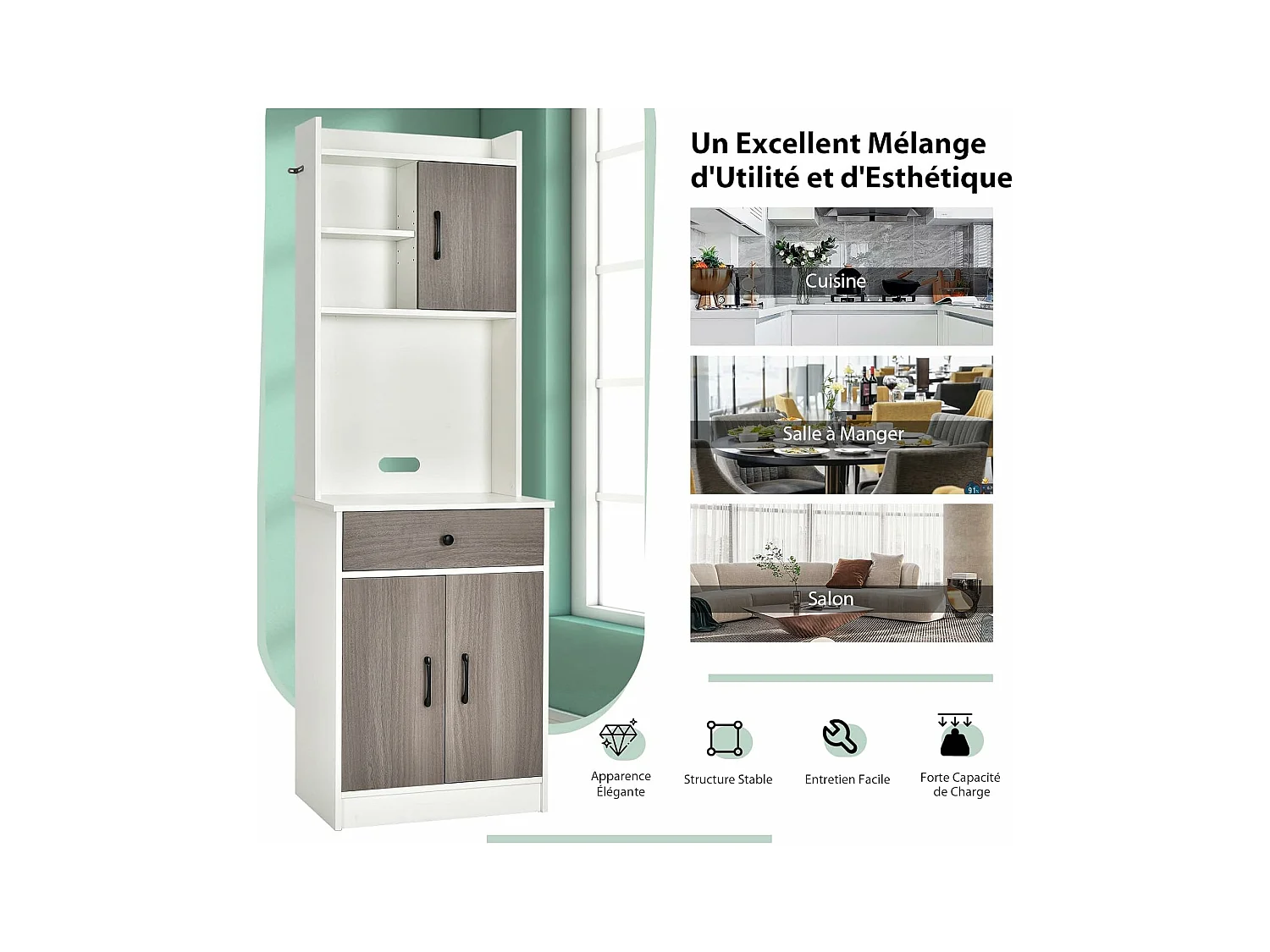 Buffet Cuisine, Armoire Cuisine Vaisselier 3 Portes avec Tiroir, Meuble Cuisine avec Passe-Câble, 3 Étagères, Placard de Cuisine, Kit Anti-basculement, 60 x 40 x 180 CM (Blanc)