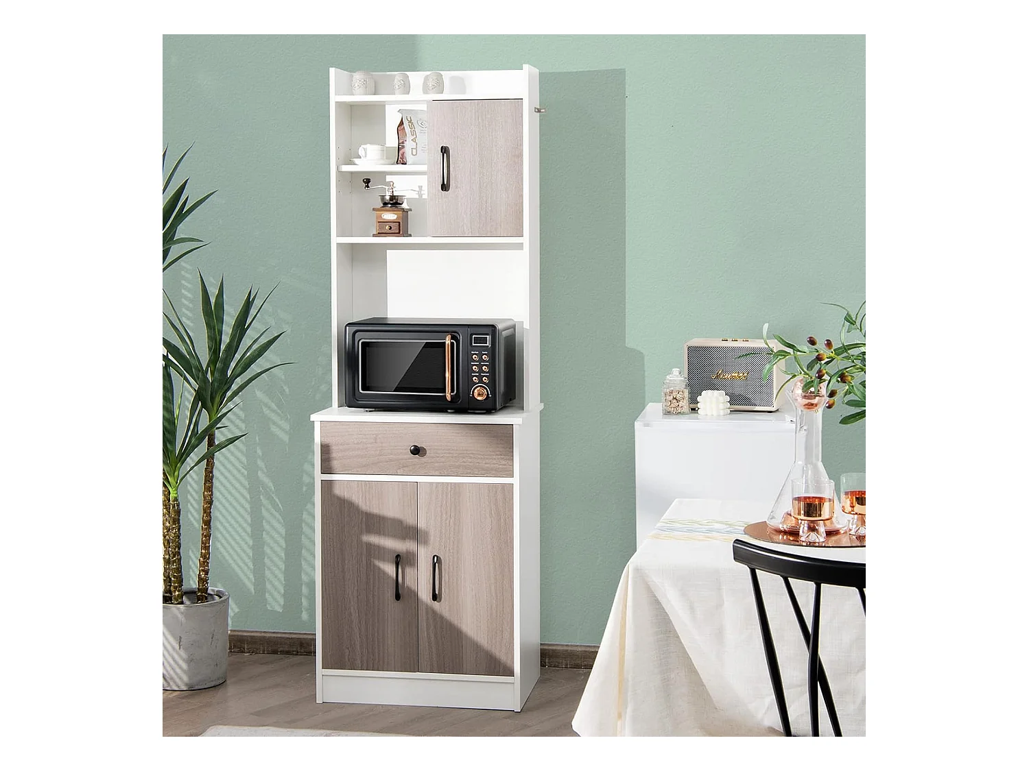 Buffet Cuisine, Armoire Cuisine Vaisselier 3 Portes avec Tiroir, Meuble Cuisine avec Passe-Câble, 3 Étagères, Placard de Cuisine, Kit Anti-basculement, 60 x 40 x 180 CM (Blanc)