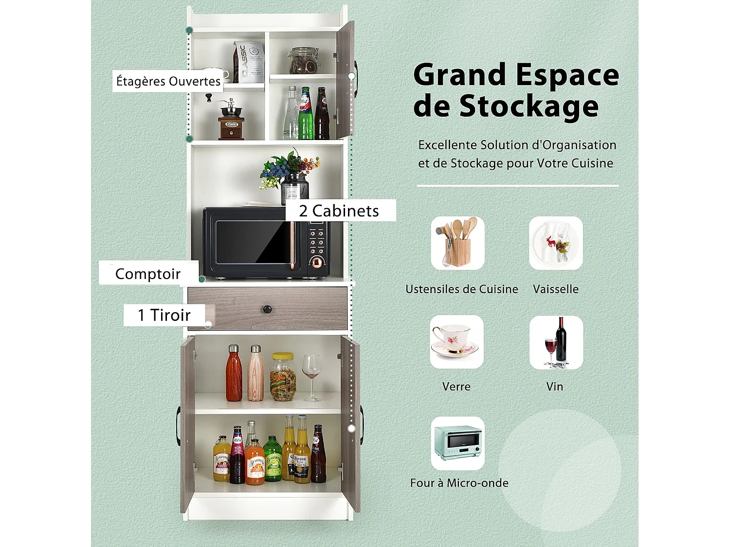 Buffet Cuisine, Armoire Cuisine Vaisselier 3 Portes avec Tiroir, Meuble Cuisine avec Passe-Câble, 3 Étagères, Placard de Cuisine, Kit Anti-basculement, 60 x 40 x 180 CM (Blanc)