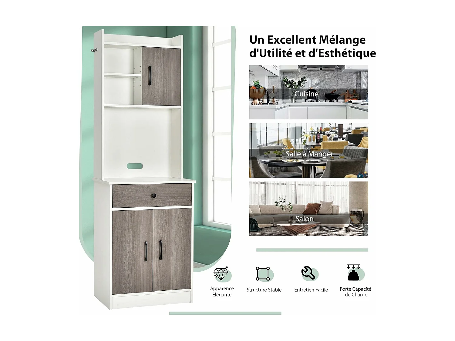 Buffet Cuisine, Armoire Cuisine Vaisselier 3 Portes avec Tiroir, Meuble Cuisine avec Passe-Câble, 3 Étagères, Placard de Cuisine, Kit Anti-basculement, 60 x 40 x 180 CM (Blanc)