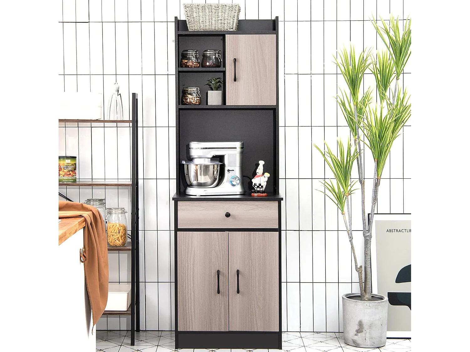 Buffet Cuisine, Armoire Cuisine Vaisselier 3 Portes avec Tiroir, Meuble Cuisine avec Passe-Câble, 3 Étagères, Placard de Cuisine, Kit Anti-basculement, 60 x 40 x 180 CM (Noir)