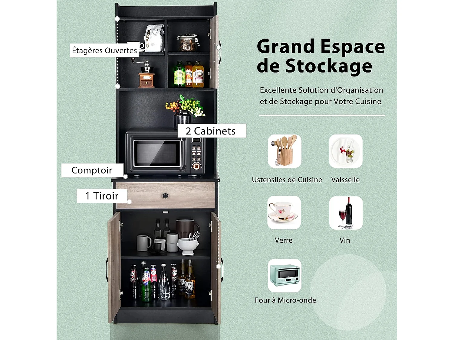 Buffet Cuisine, Armoire Cuisine Vaisselier 3 Portes avec Tiroir, Meuble Cuisine avec Passe-Câble, 3 Étagères, Placard de Cuisine, Kit Anti-basculement, 60 x 40 x 180 CM (Noir)