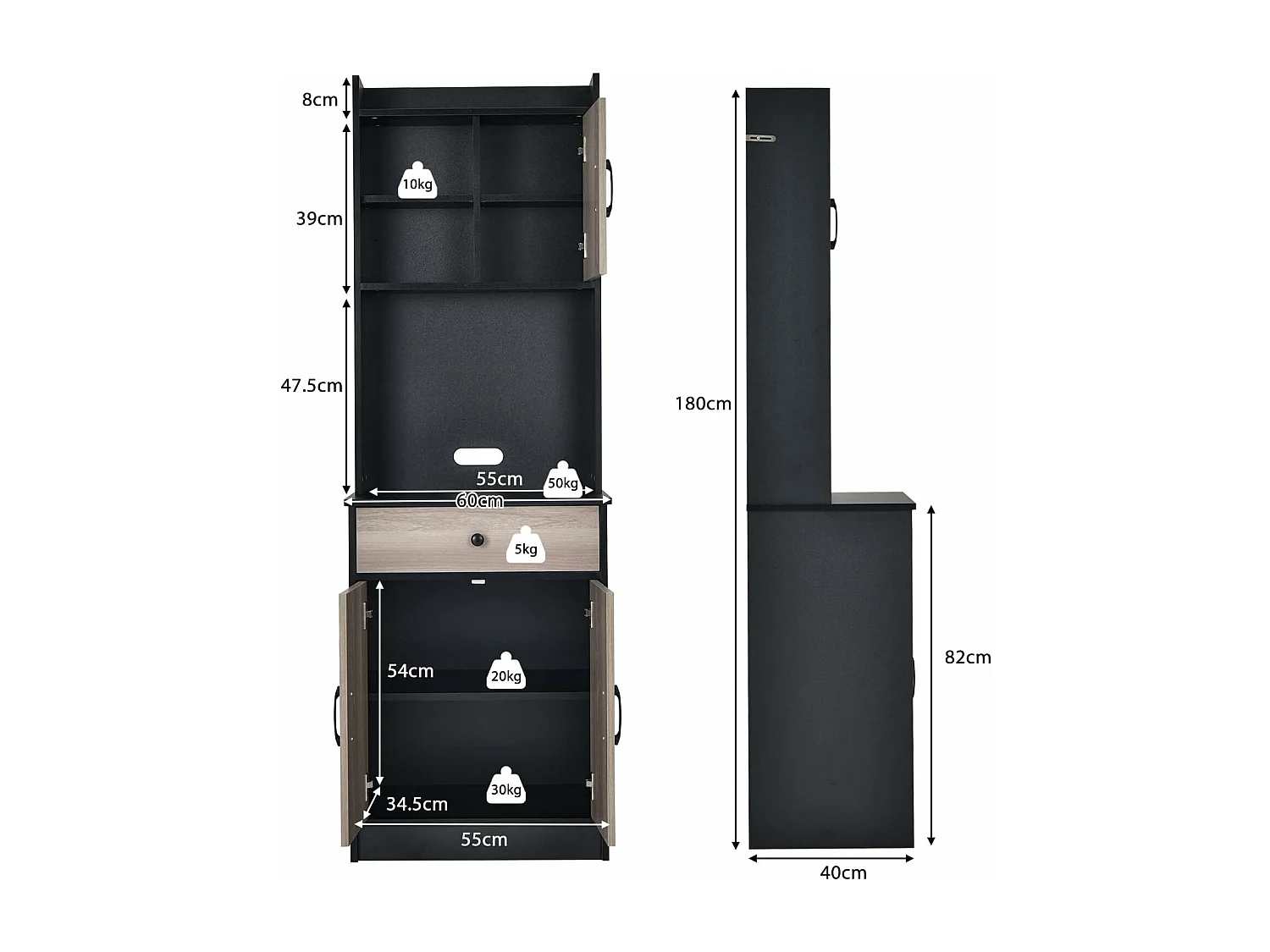 Buffet Cuisine, Armoire Cuisine Vaisselier 3 Portes avec Tiroir, Meuble Cuisine avec Passe-Câble, 3 Étagères, Placard de Cuisine, Kit Anti-basculement, 60 x 40 x 180 CM (Noir)