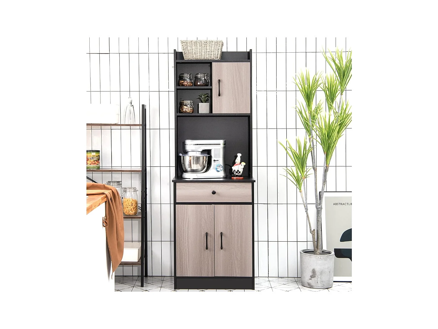 Buffet Cuisine, Armoire Cuisine Vaisselier 3 Portes avec Tiroir, Meuble Cuisine avec Passe-Câble, 3 Étagères, Placard de Cuisine, Kit Anti-basculement, 60 x 40 x 180 CM (Noir)