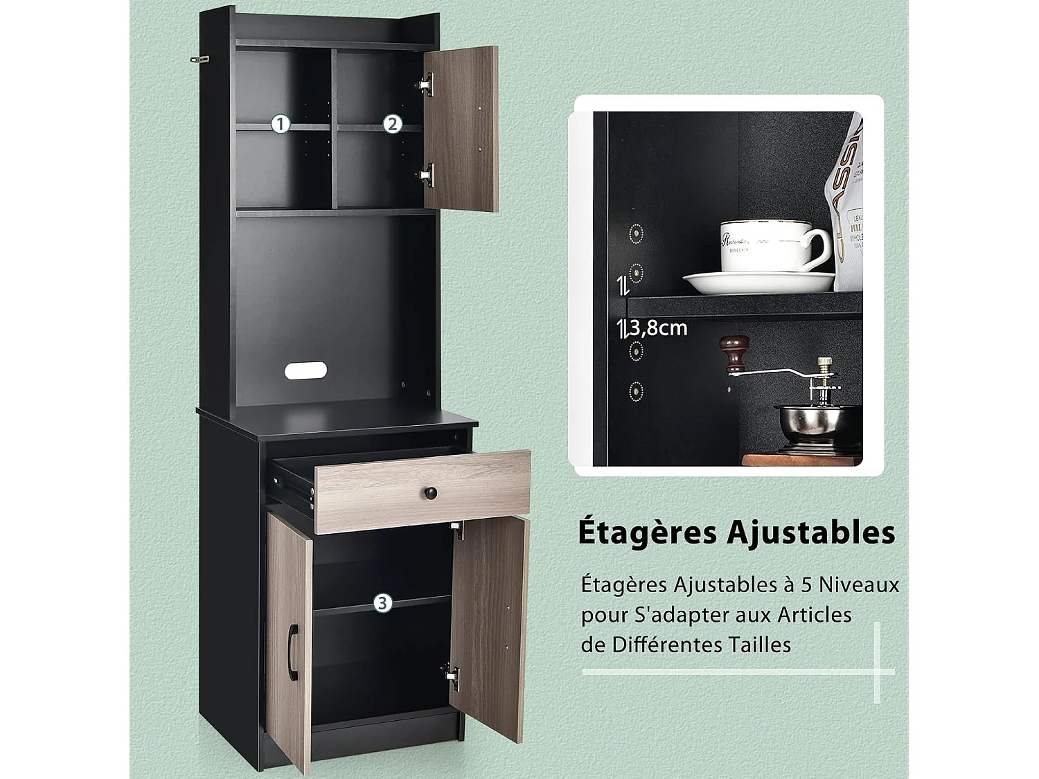 Buffet Cuisine, Armoire Cuisine Vaisselier 3 Portes avec Tiroir, Meuble Cuisine avec Passe-Câble, 3 Étagères, Placard de Cuisine, Kit Anti-basculement, 60 x 40 x 180 CM (Noir)