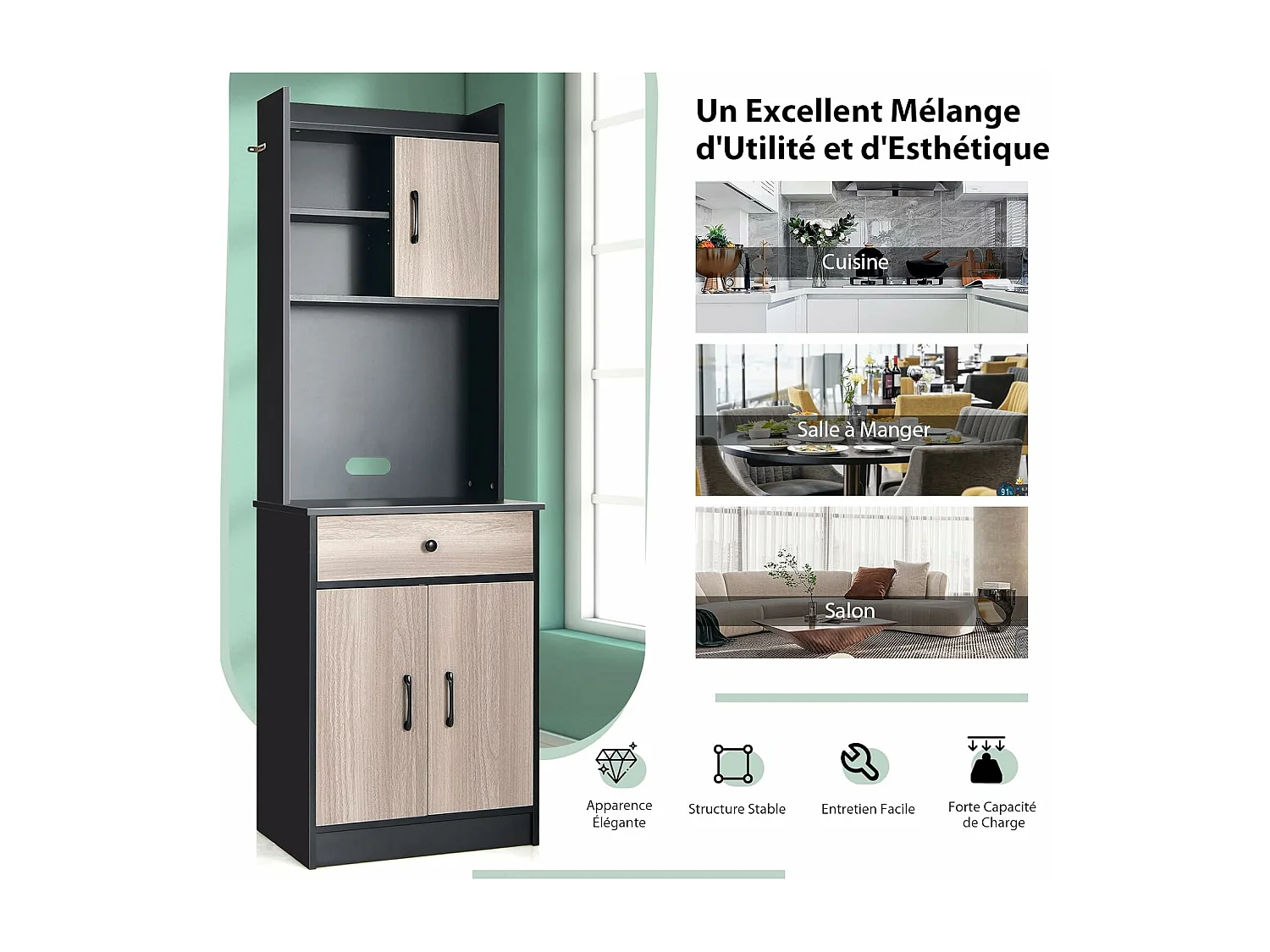 Buffet Cuisine, Armoire Cuisine Vaisselier 3 Portes avec Tiroir, Meuble Cuisine avec Passe-Câble, 3 Étagères, Placard de Cuisine, Kit Anti-basculement, 60 x 40 x 180 CM (Noir)