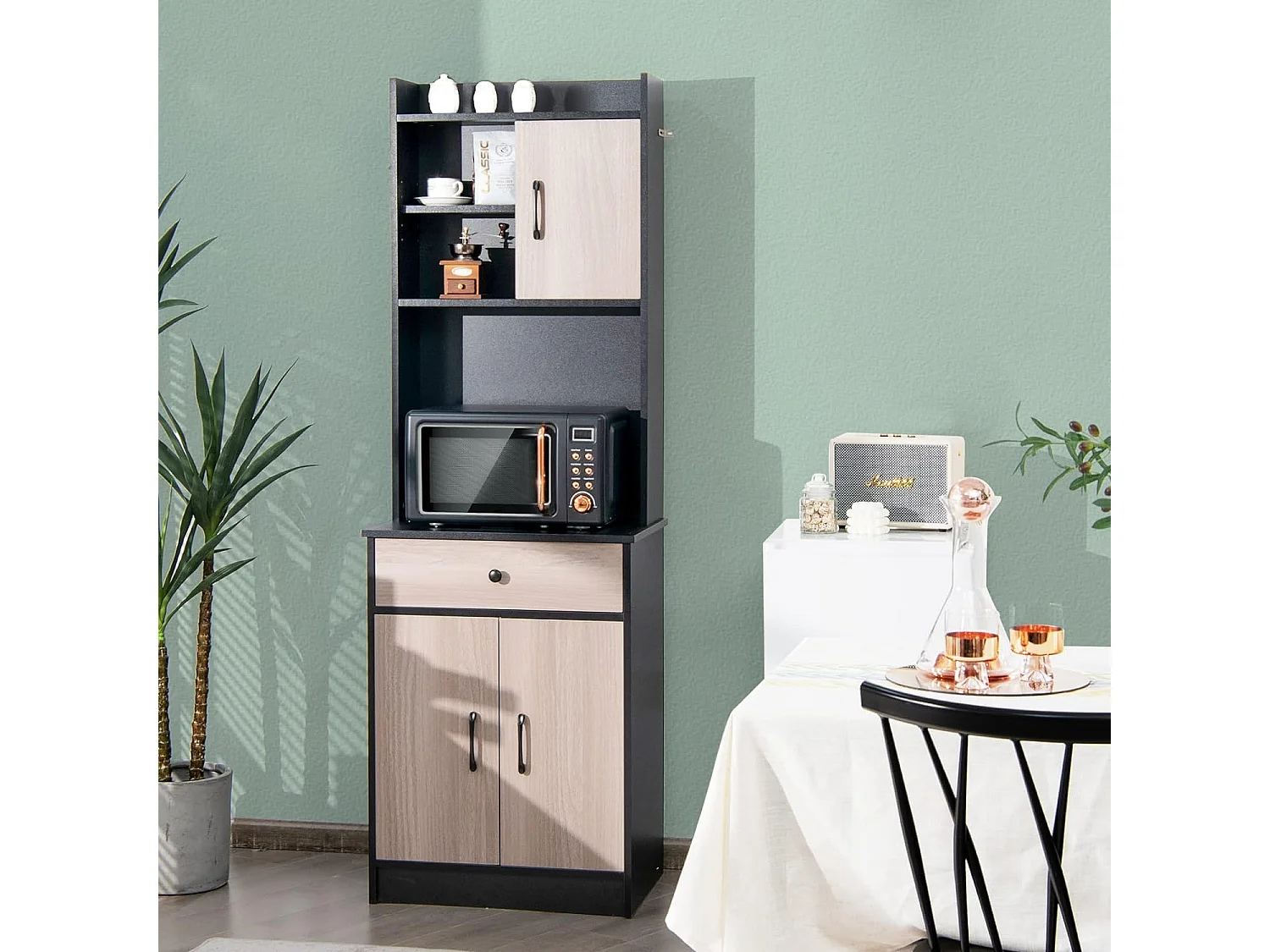 Buffet Cuisine, Armoire Cuisine Vaisselier 3 Portes avec Tiroir, Meuble Cuisine avec Passe-Câble, 3 Étagères, Placard de Cuisine, Kit Anti-basculement, 60 x 40 x 180 CM (Noir)