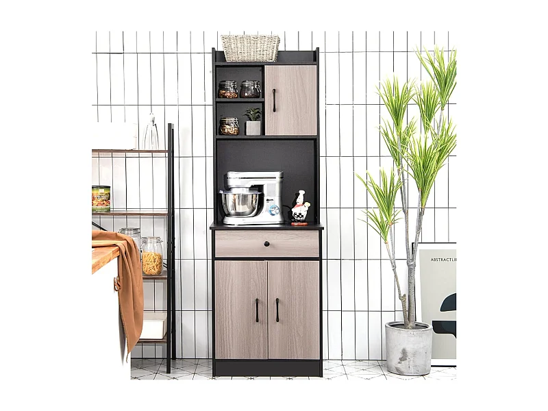 Buffet Cuisine, Armoire Cuisine Vaisselier 3 Portes avec Tiroir, Meuble Cuisine avec Passe-Câble, 3 Étagères, Placard de Cuisine, Kit Anti-basculement, 60 x 40 x 180 CM (Noir)