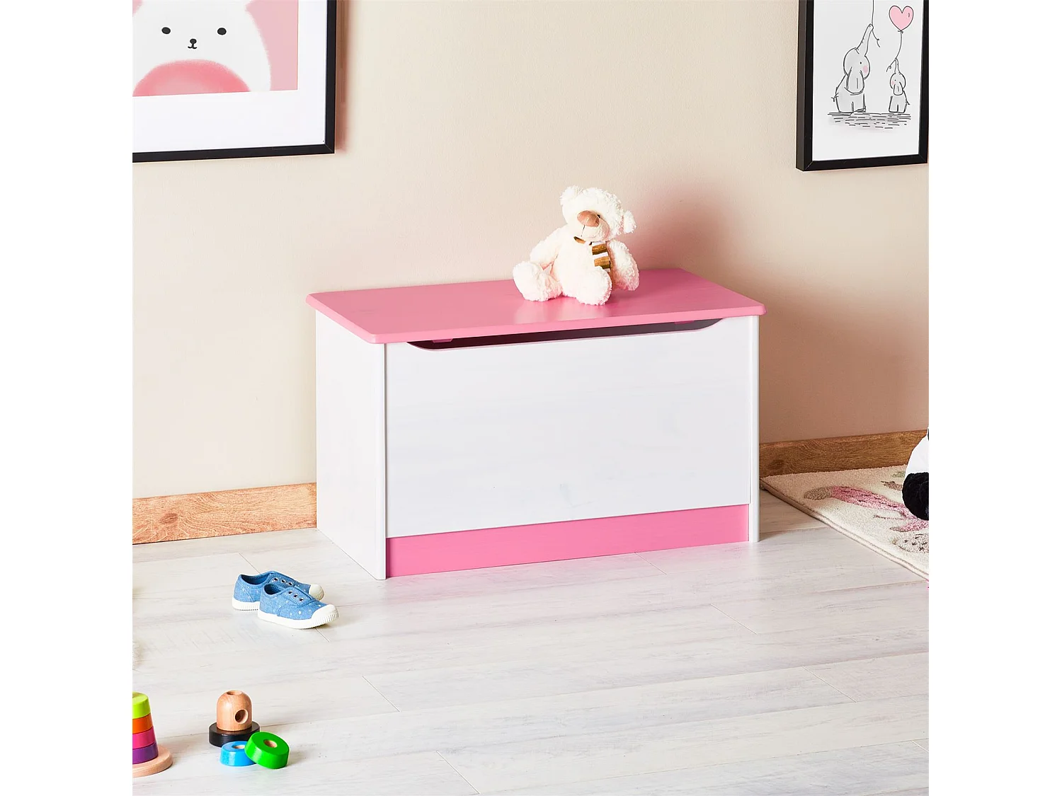 Coffre à jouets HANNAH coffre de rangement pin massif lasuré blanc rose