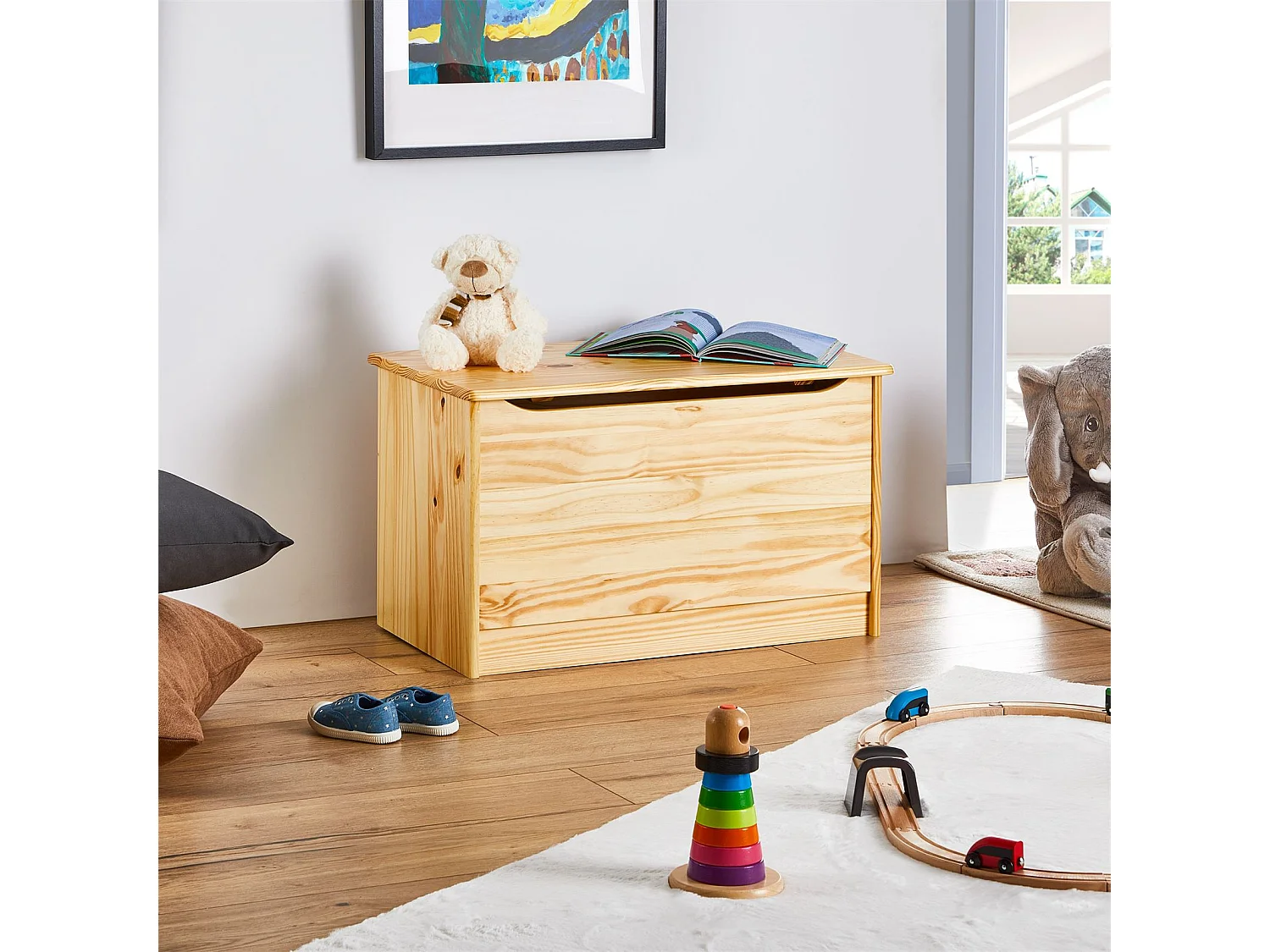 Coffre à jouets HANNAH coffre de rangement malle rectangulaire avec abattant, en pin massif recouvert d'un vernis naturel