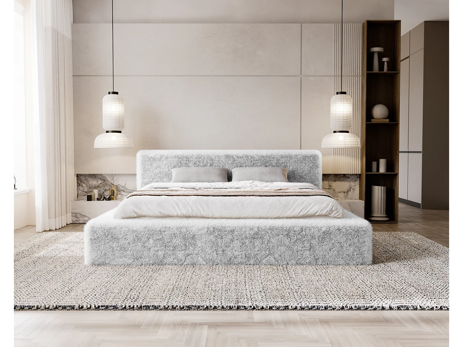 Emporius Lit rembourré avec Rangement Alros - Lit 140x200, tissu imitation fourrure, lit adulte Gris clair (Lapit 03)