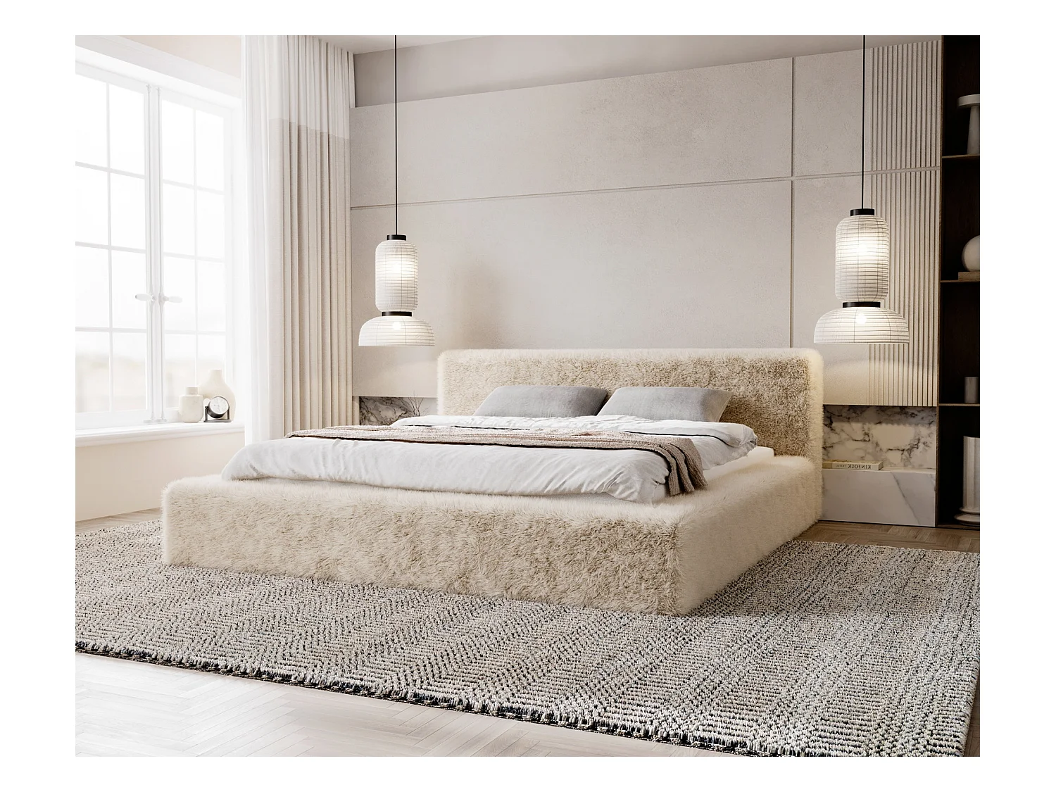 Emporius bed 160x200 cm Alros - Stof imitatiebont, gestoffeerd bed Beige (Lapit 29)