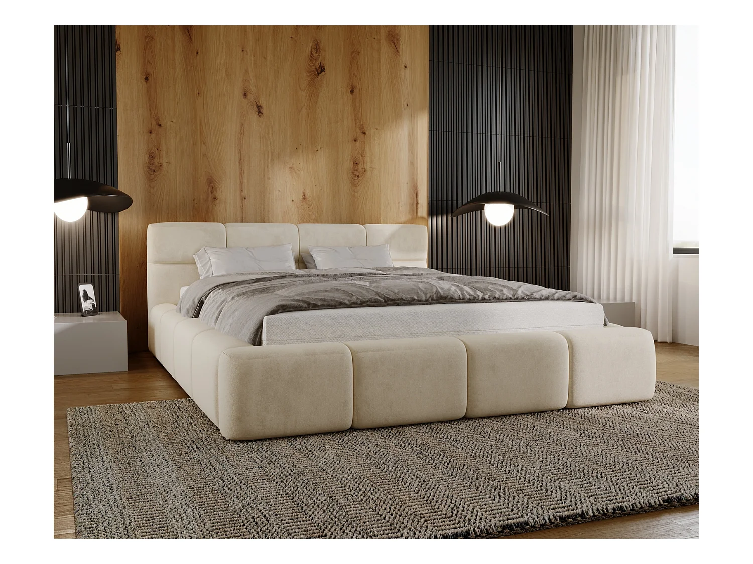 Emporius bed met opbergruimte 160x200 Oslo - tweepersoonsbed met bedlade, gestoffeerd bed Beige (Magic Velvet 2201)