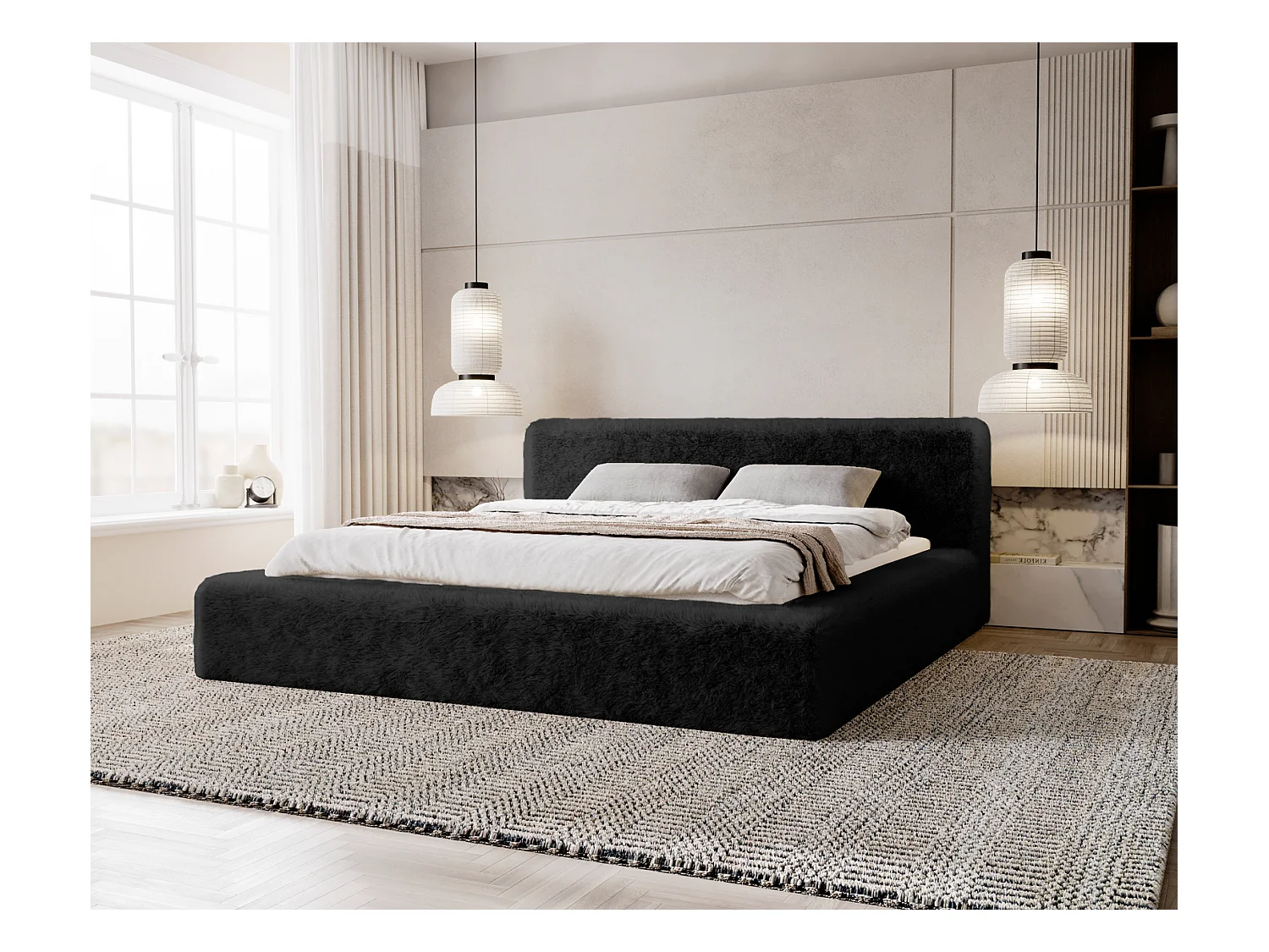 Emporius bed 160x200 cm Alros - Stof imitatiebont, gestoffeerd bed Zwart (Lapit 19)
