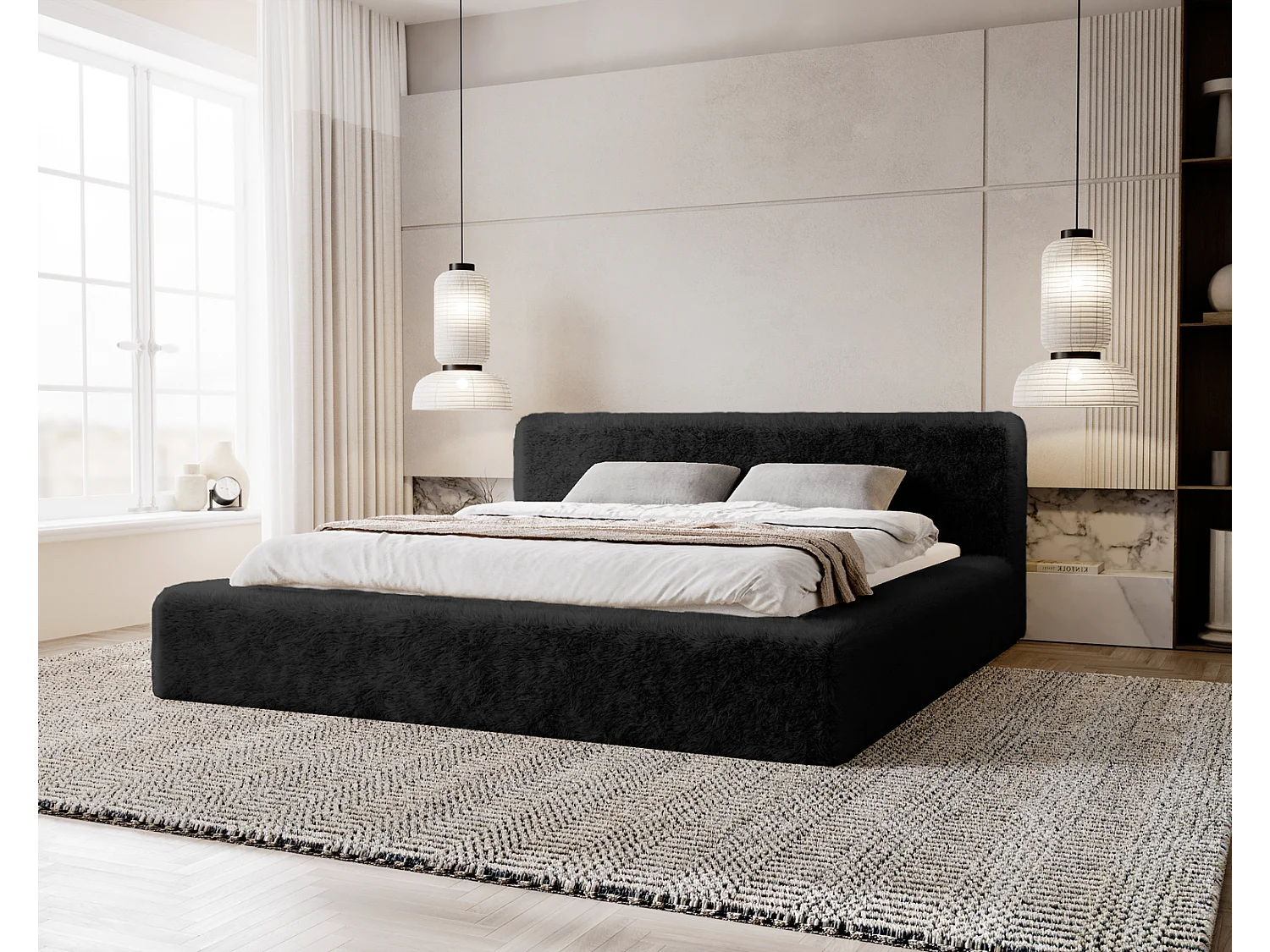 Emporius bed 160x200 cm Alros - Stof imitatiebont, gestoffeerd bed Zwart (Lapit 19)