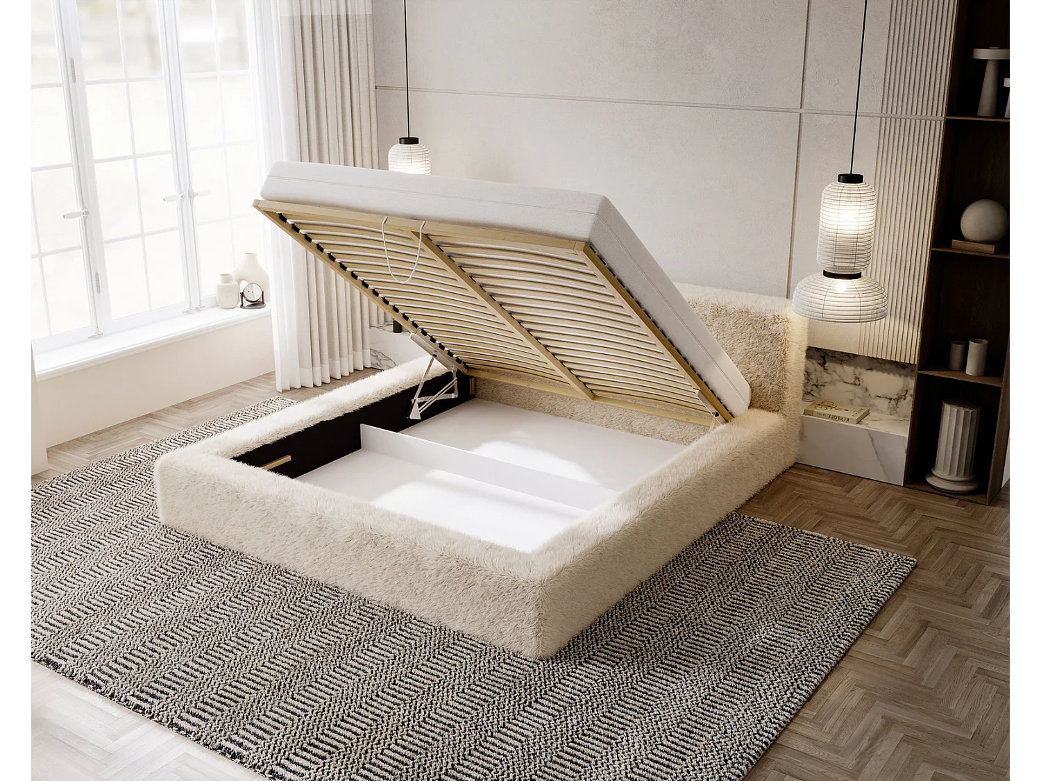 Emporius Lit rembourré avec Rangement Alros - Lit 140x200, tissu imitation fourrure, lit adulte Gris foncé (Lapit 16)