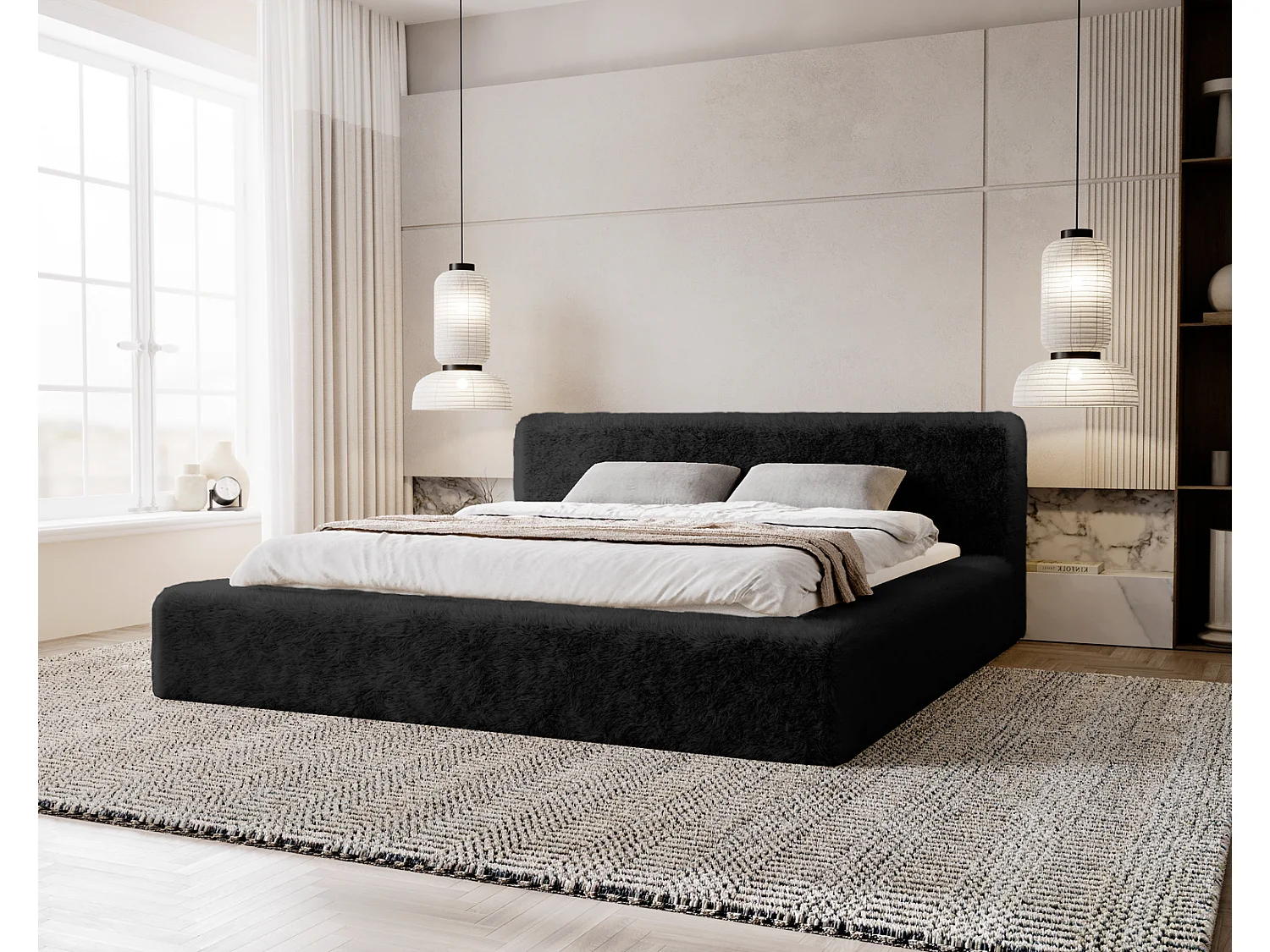 Emporius Lit rembourré avec Rangement Alros - Lit 140x200, tissu imitation fourrure, lit adulte Noir (Lapit 19)