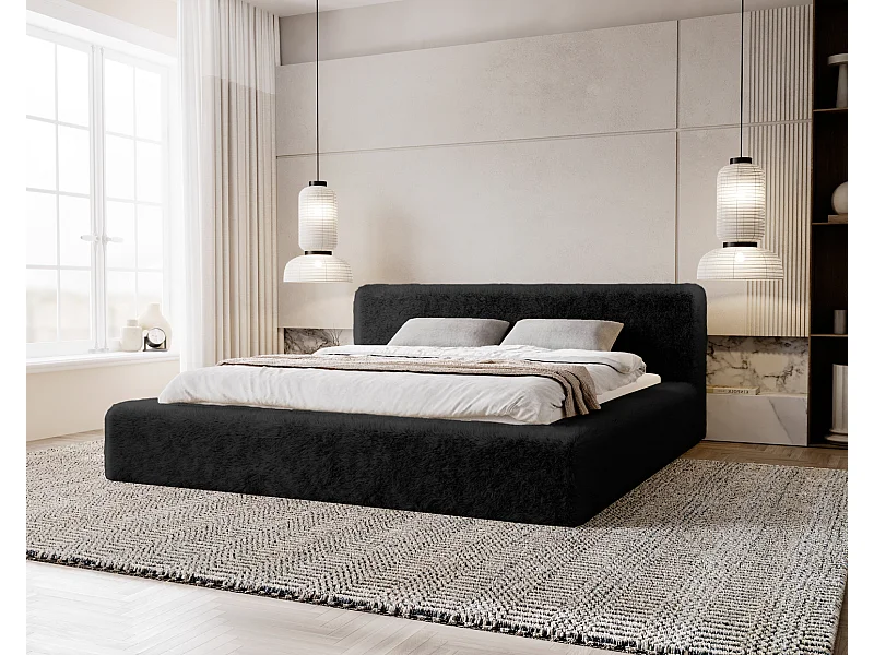 Emporius Lit rembourré avec Rangement Alros - Lit 140x200, tissu imitation fourrure, lit adulte Noir (Lapit 19)