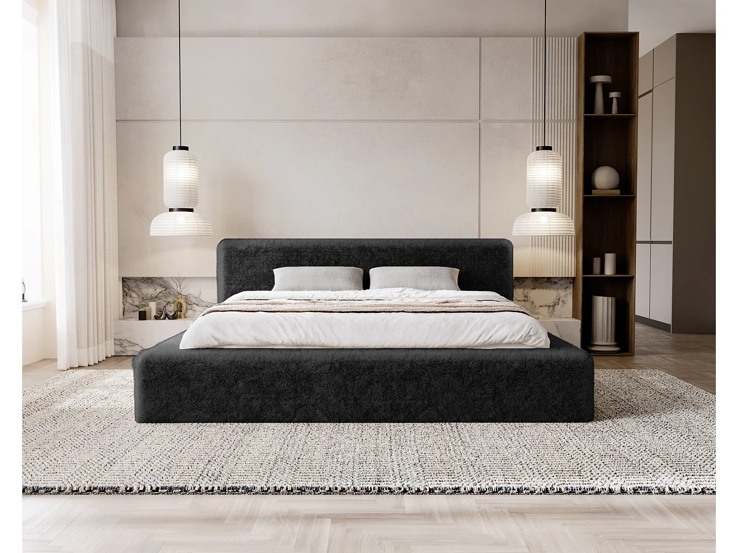 Emporius bed 180x200 cm Alros - Stof imitatiebont, gestoffeerd bed Zwart (Lapit 19)