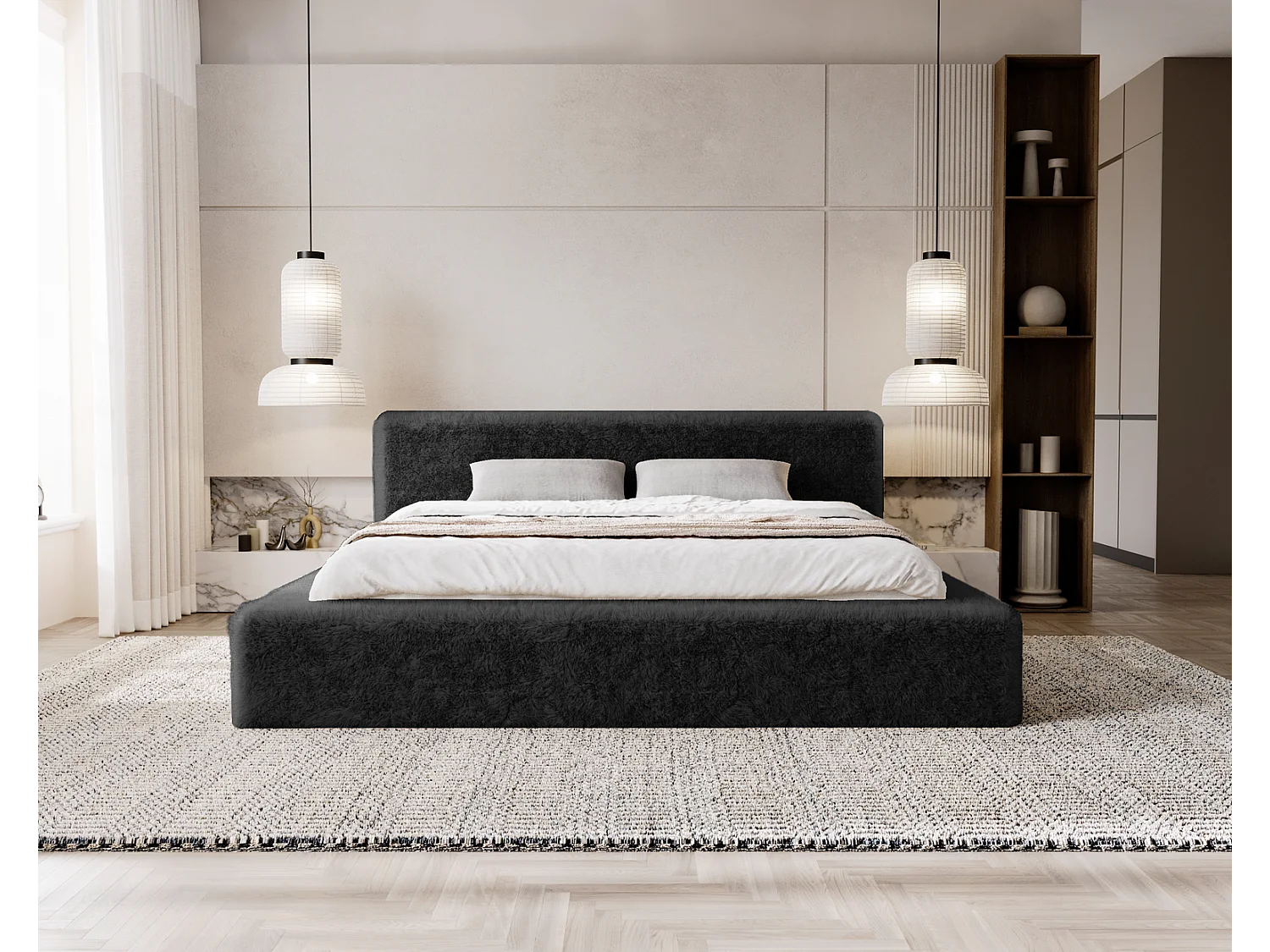 Emporius bed 180x200 cm Alros - Stof imitatiebont, gestoffeerd bed Zwart (Lapit 19)