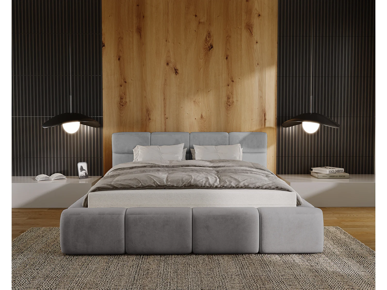 Emporius Polsterbett 180x200 Kyoto - Doppelbett vom Hersteller, Samtstoff, Bettkasten, Lattenrost - bett Bouclé Dunkelgrau (Anthology 18)