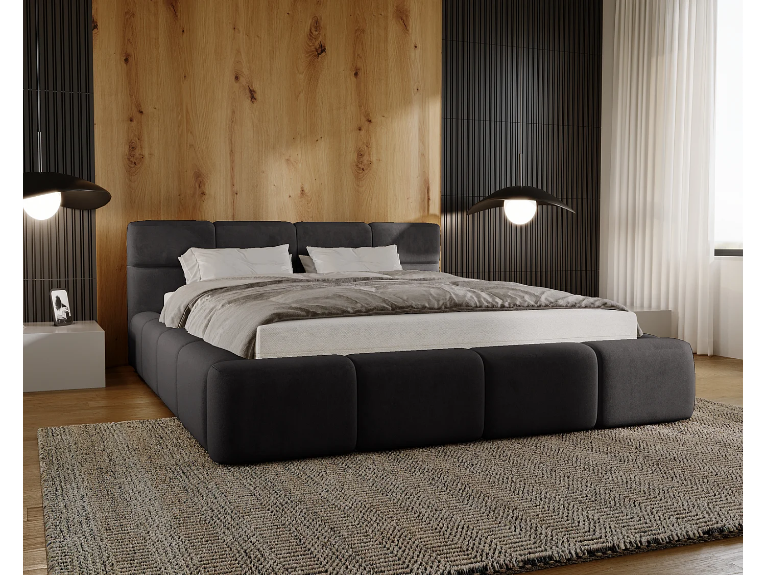 Emporius bed met opbergruimte 160x200 Oslo - tweepersoonsbed met bedlade, gestoffeerd bed Zwart (Magic Velvet 2219)