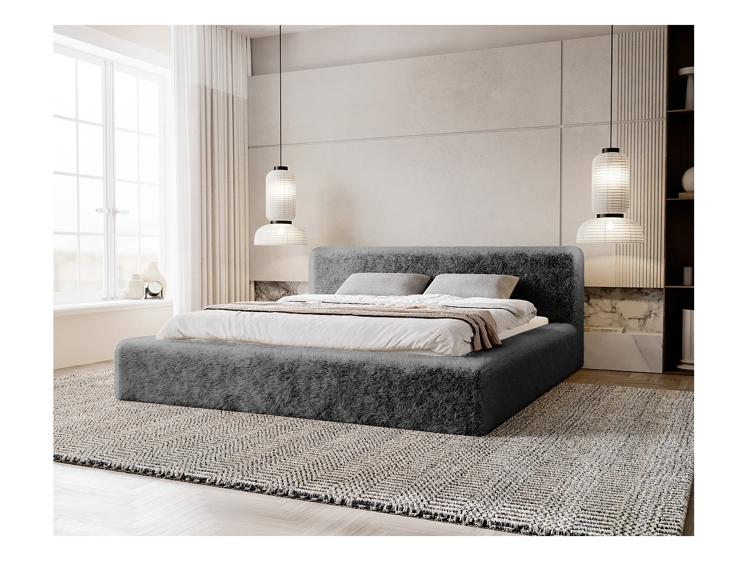Emporius Lit rembourré avec Rangement Alros - Lit 180x200, tissu imitation fourrure, lit adulte Gris foncé (Lapit 16)