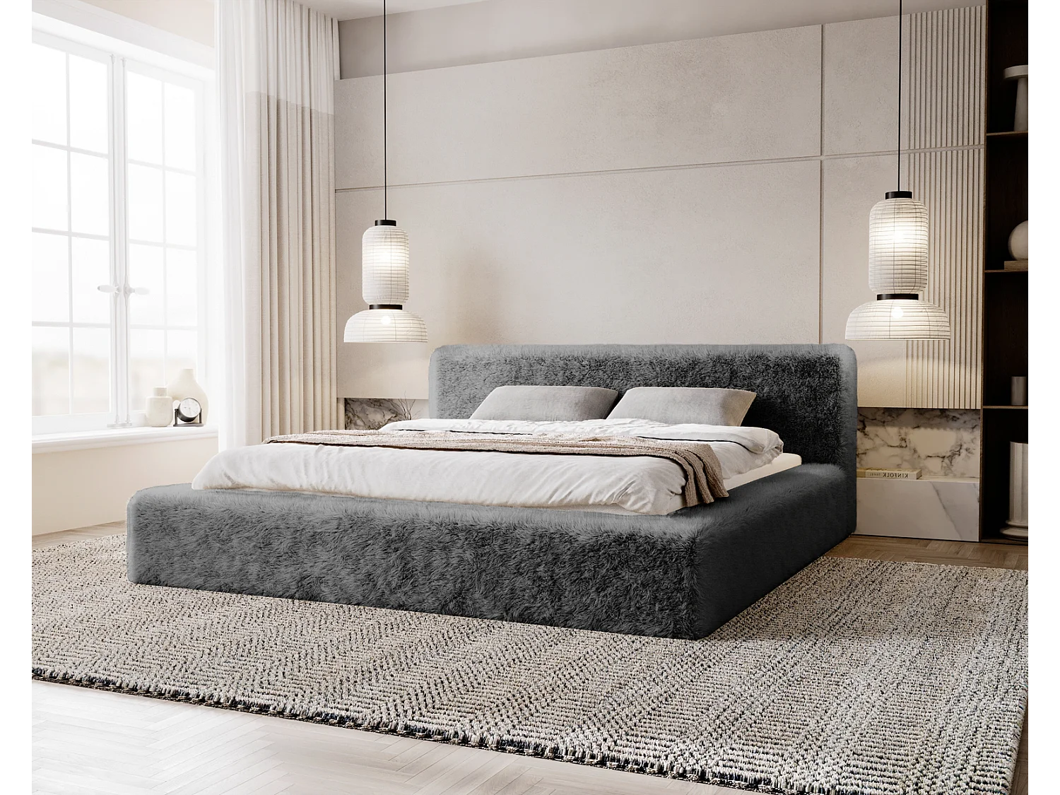 Emporius bed 180x200 cm Alros - Stof imitatiebont, gestoffeerd bed Donkergrijs (Lapit 16)