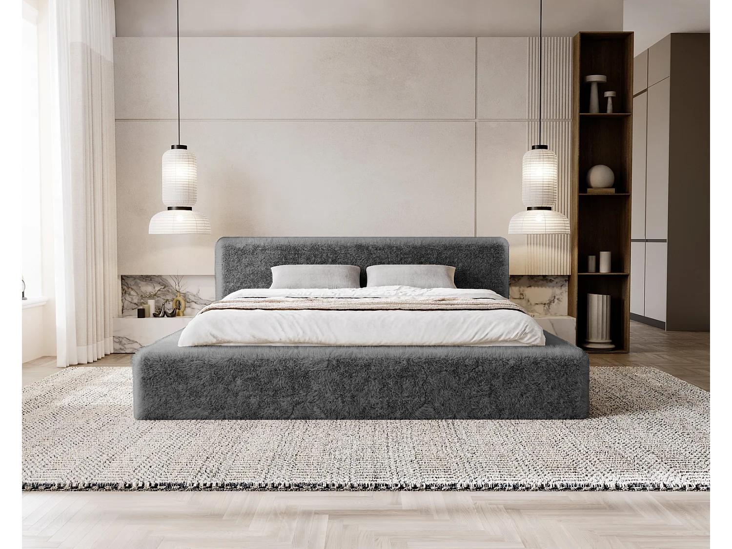 Emporius bed 180x200 cm Alros - Stof imitatiebont, gestoffeerd bed Donkergrijs (Lapit 16)