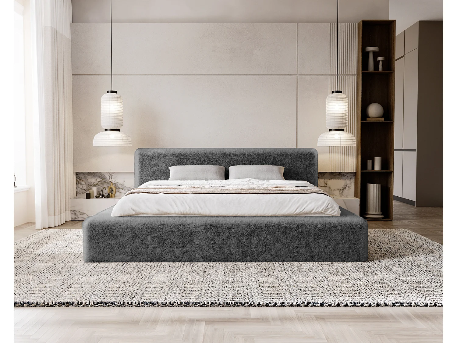 Emporius Alros łóżko tapicerowane 180x200 cm - tkanina futerkowa, łóżko dwuosobowe z pojemnikiem, ciemny szary (Lapit 16)