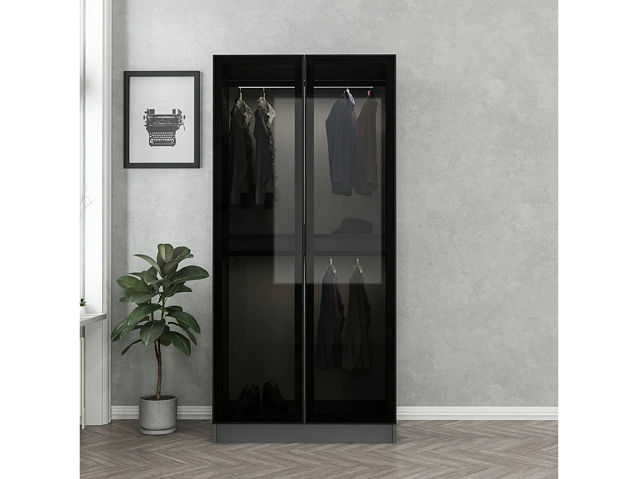 Dressing 2 portes Verre fumé Noir Antipaxos L90xH210cm 2 tringles Anthracite