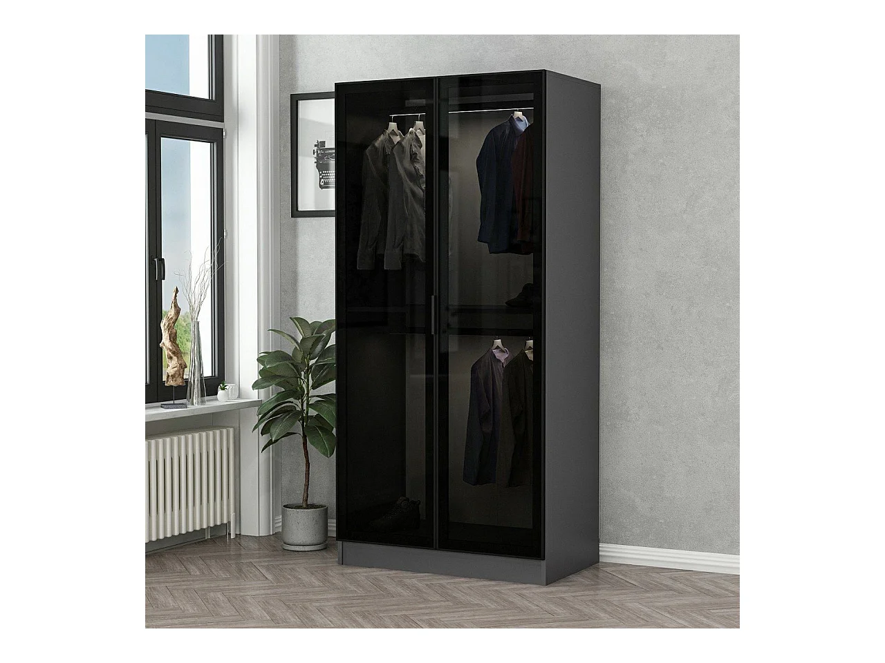 Armario Kailua S101, Negro|Antracita, 210x90x52cm, Puertas de armario: Con bisagras
