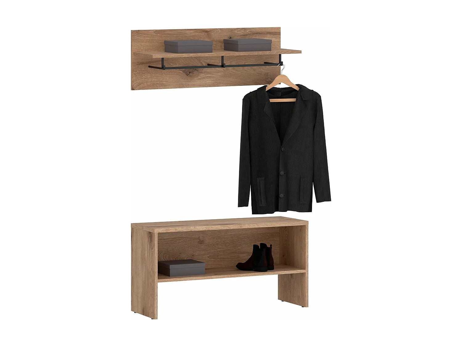 Ensemble banc de rangement à chaussures et portemanteau mural HERA, Avec tringle en métal, Coloris chêne