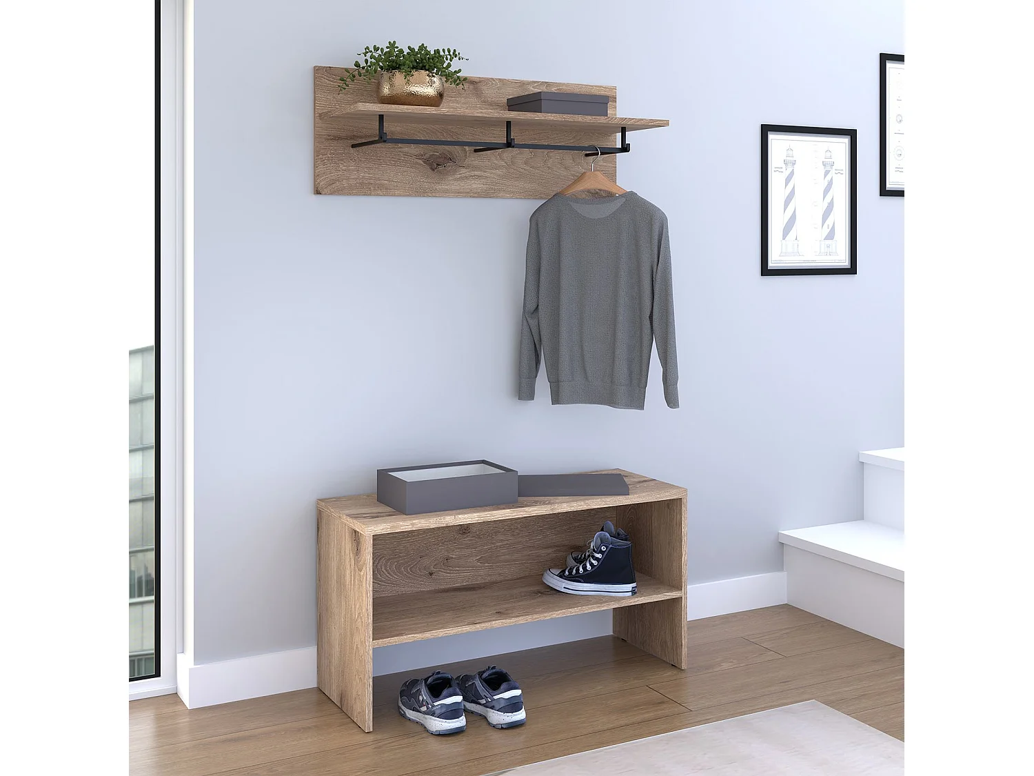 Ensemble banc de rangement à chaussures et portemanteau mural HERA, Avec tringle en métal, Coloris chêne