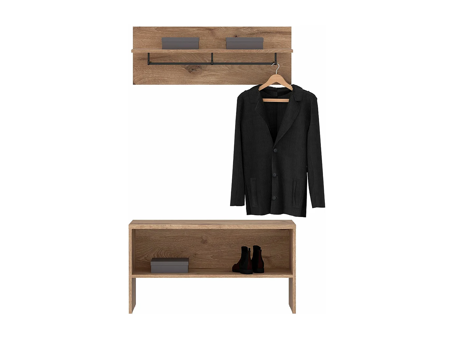 Ensemble banc de rangement à chaussures et portemanteau mural HERA, Avec tringle en métal, Coloris chêne