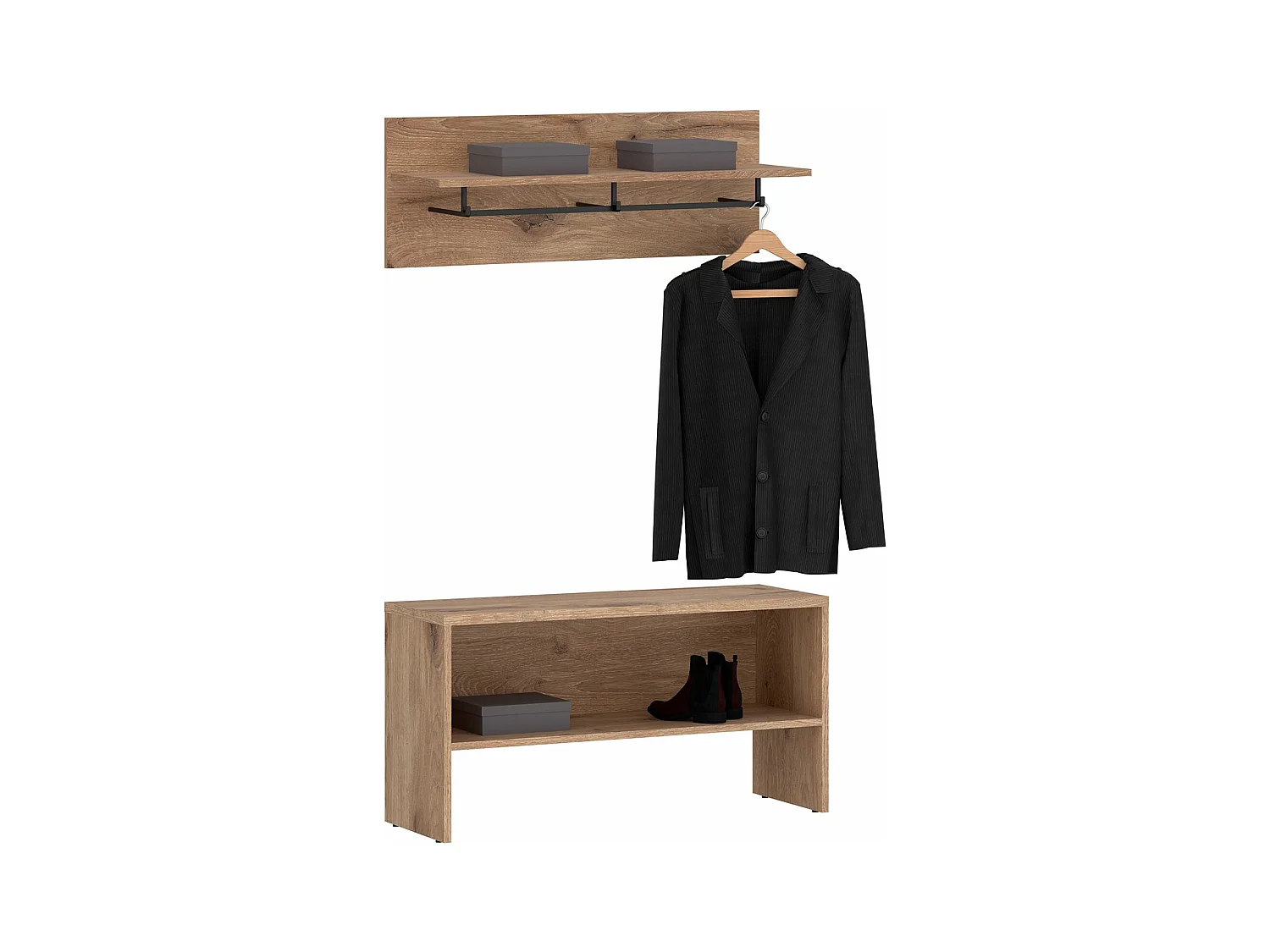 Ensemble banc de rangement à chaussures et portemanteau mural HERA, Avec tringle en métal, Coloris chêne